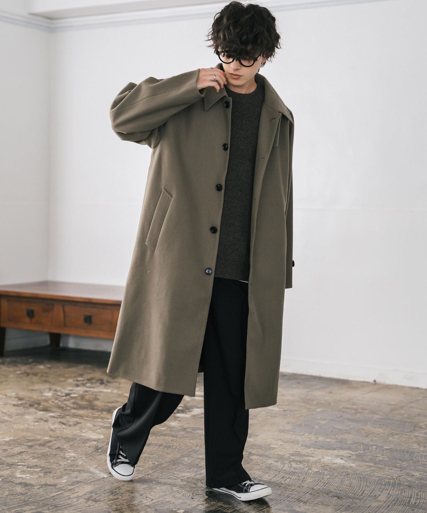 オーバーサイズ T/M ラグランロングステンカラーコート/2WAYチン