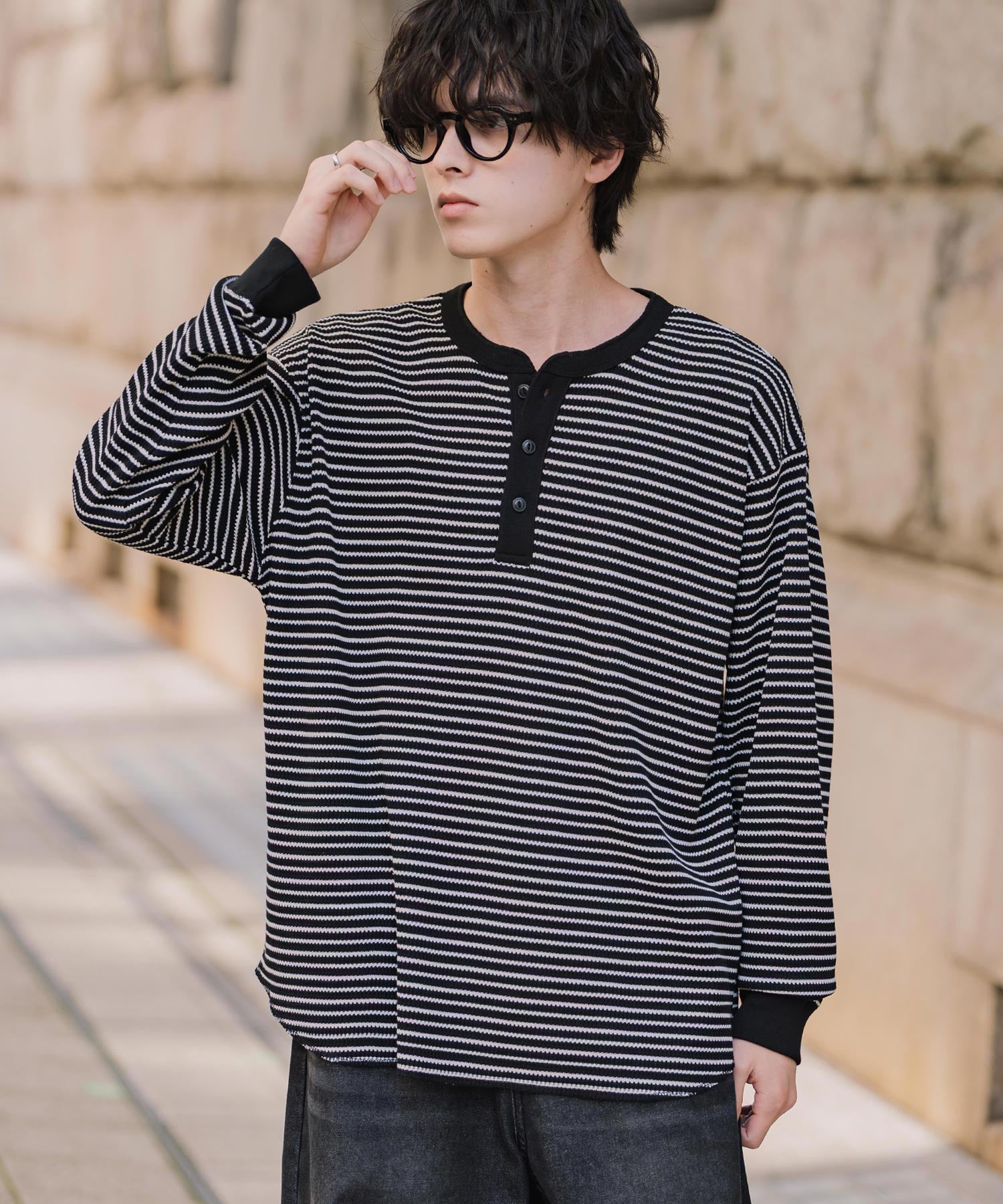 Cワッフルヘンリーネック長袖Tシャツ 14620