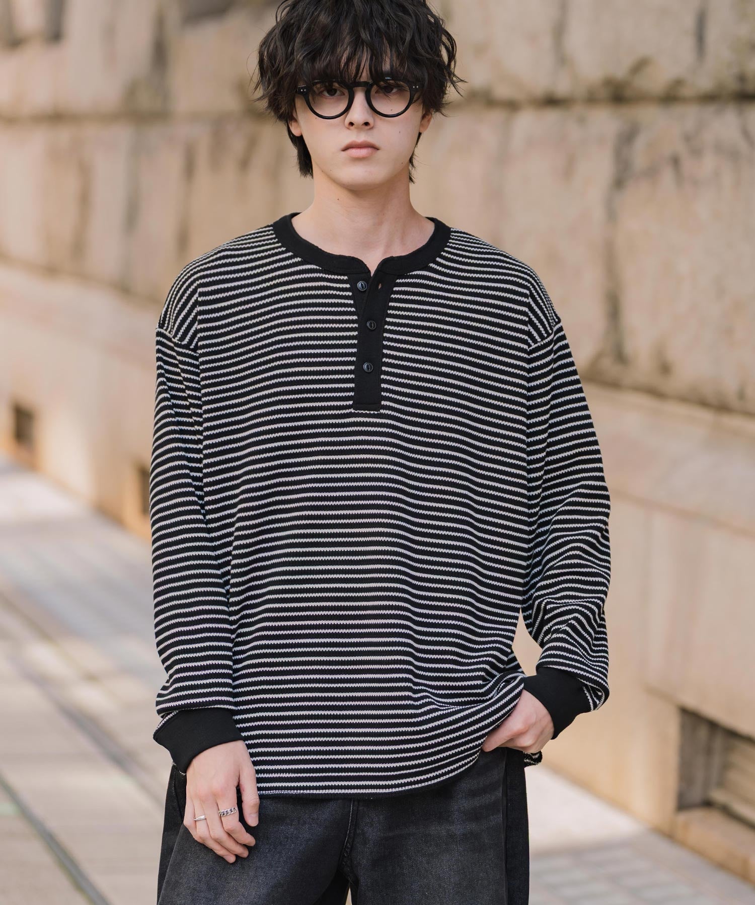 新色追加 オーバーサイズ T/Cワッフルヘンリーネック長袖Tシャツ 14620