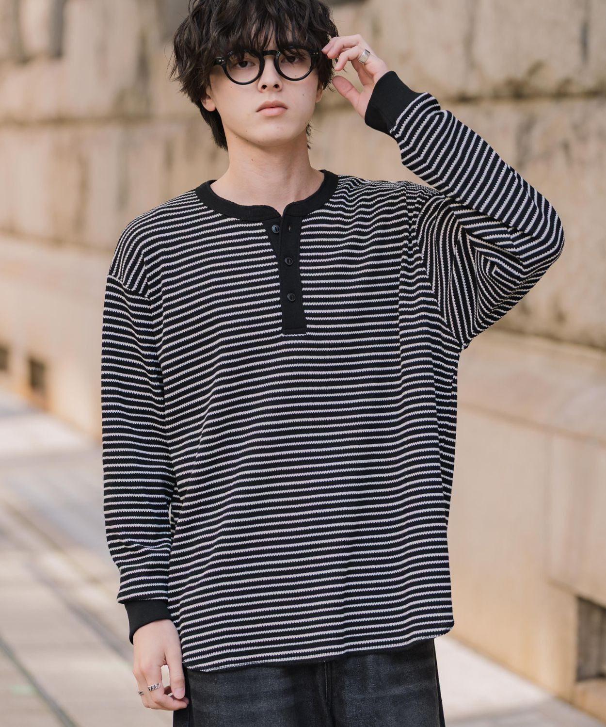 新色追加 オーバーサイズ T/Cワッフルヘンリーネック長袖Tシャツ 14620