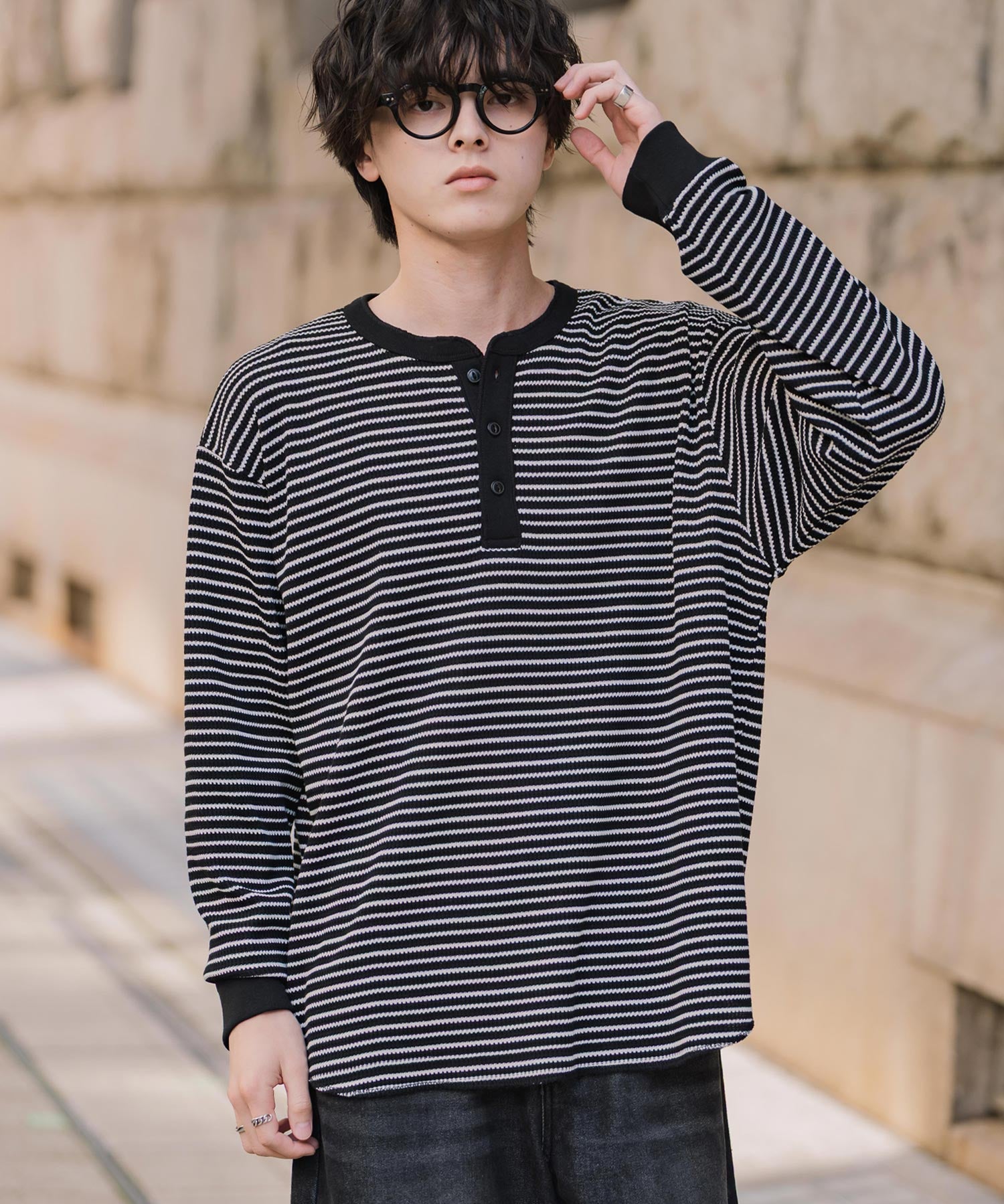 新色追加 オーバーサイズ T/Cワッフルヘンリーネック長袖Tシャツ 14620