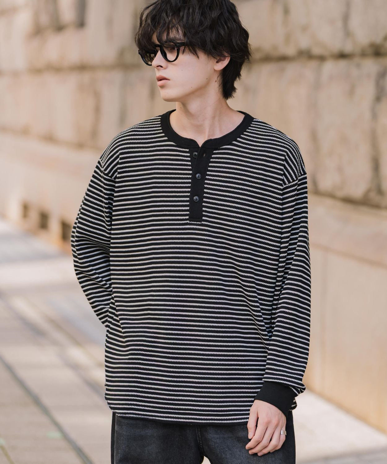 新色追加 オーバーサイズ T/Cワッフルヘンリーネック長袖Tシャツ 14620