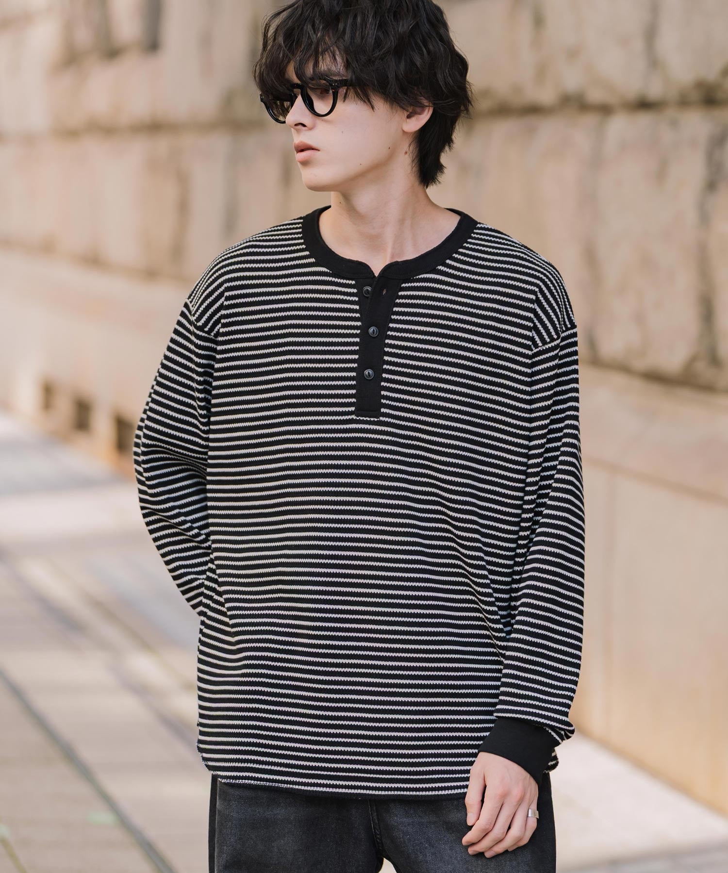 新色追加 オーバーサイズ T/Cワッフルヘンリーネック長袖Tシャツ 14620