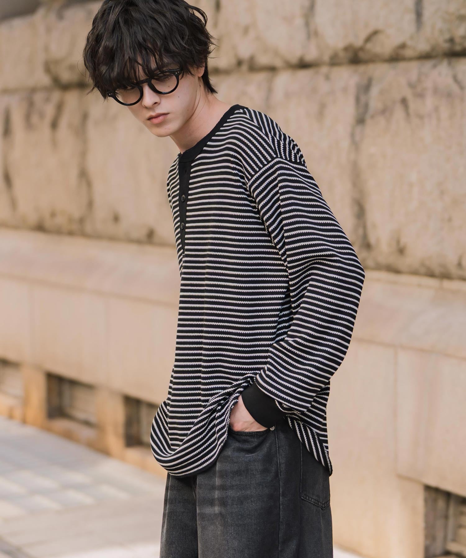 新色追加 オーバーサイズ T/Cワッフルヘンリーネック長袖Tシャツ 14620
