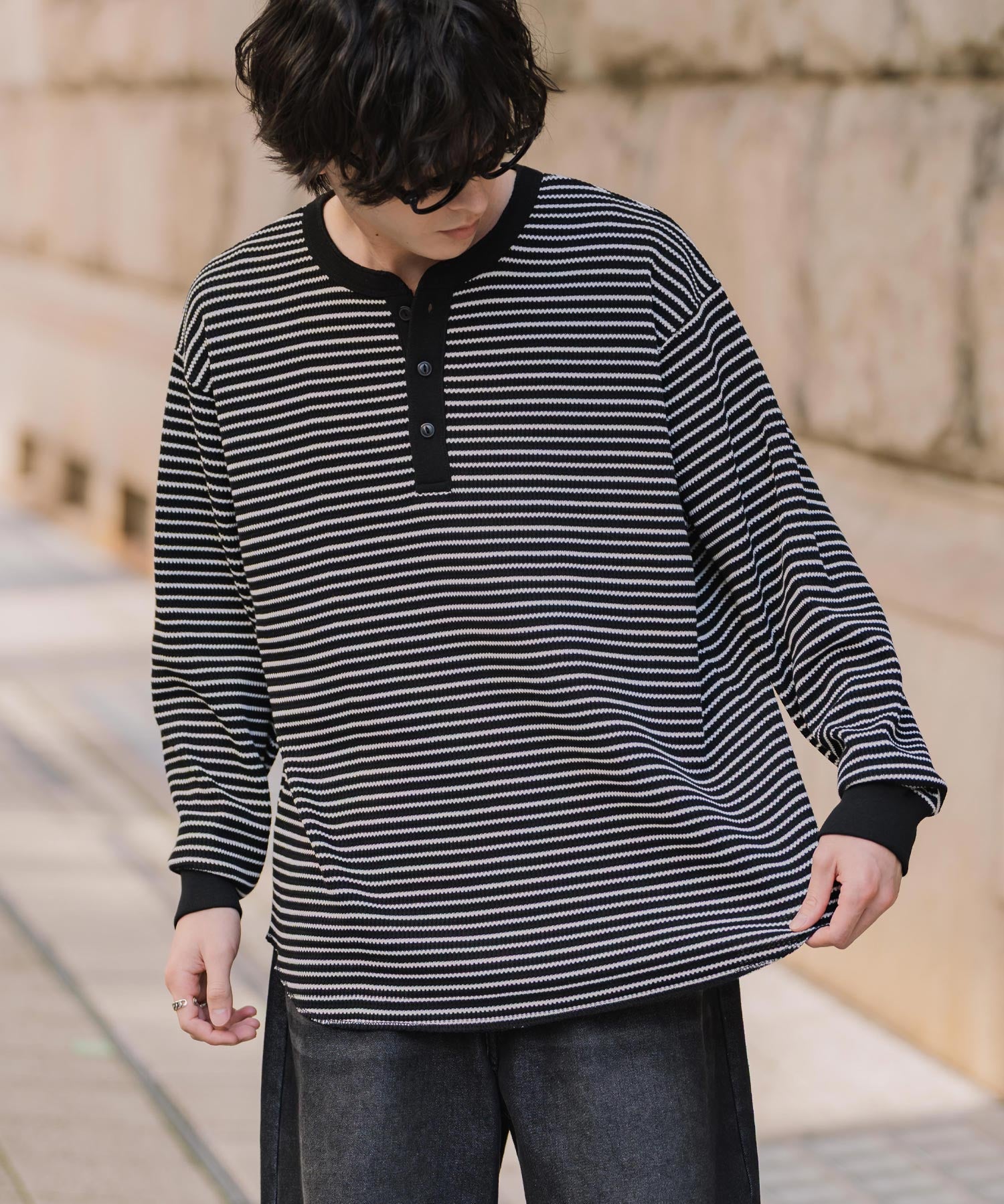 新色追加 オーバーサイズ T/Cワッフルヘンリーネック長袖Tシャツ 14620