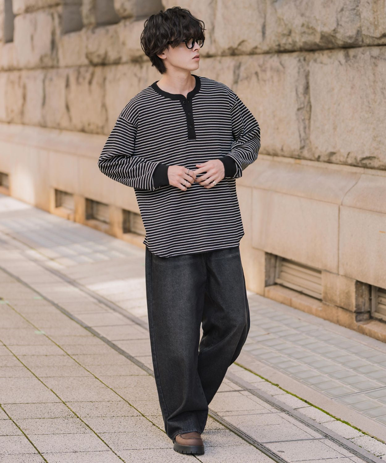 新色追加 オーバーサイズ T/Cワッフルヘンリーネック長袖Tシャツ 14620