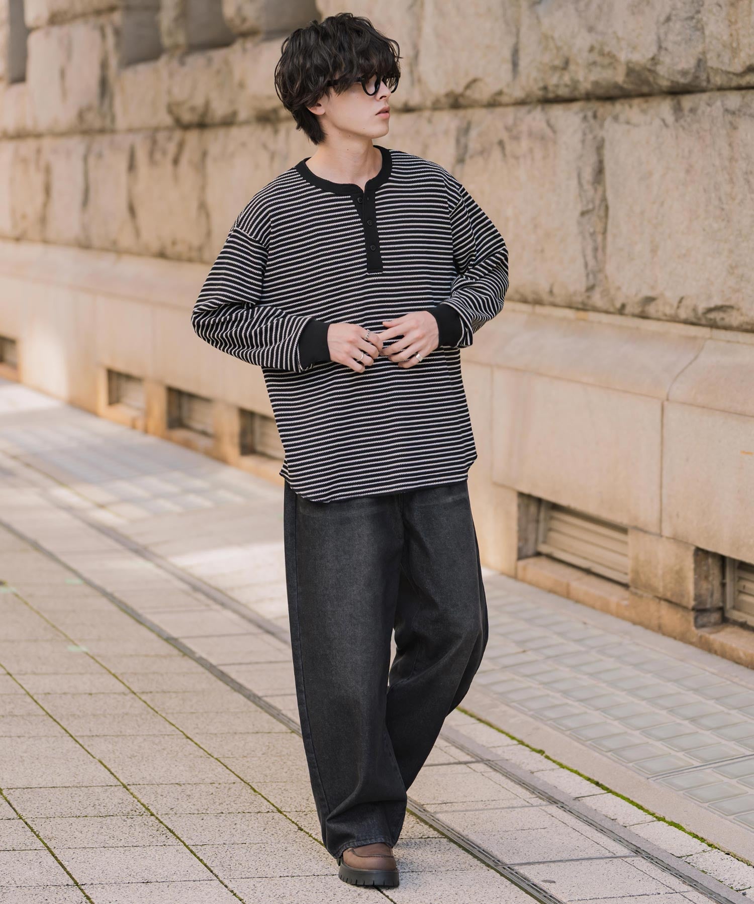 新色追加 オーバーサイズ T/Cワッフルヘンリーネック長袖Tシャツ 14620
