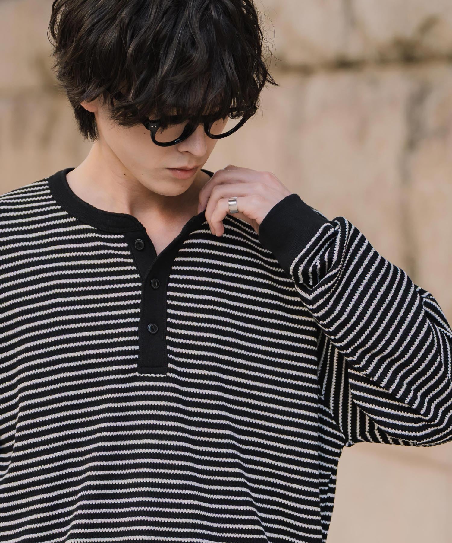 新色追加 オーバーサイズ T/Cワッフルヘンリーネック長袖Tシャツ 14620