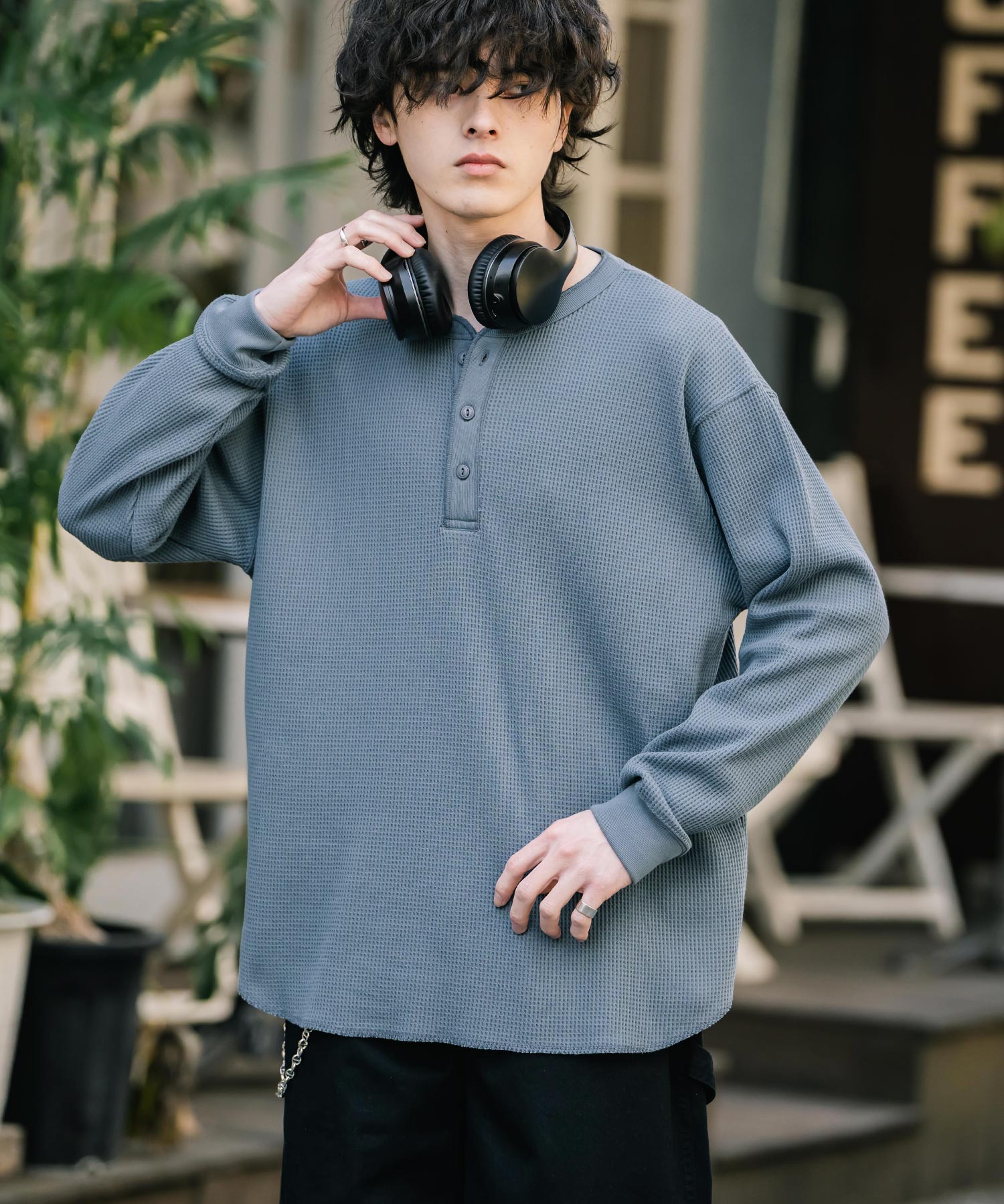 Cワッフルヘンリーネック長袖Tシャツ 14620