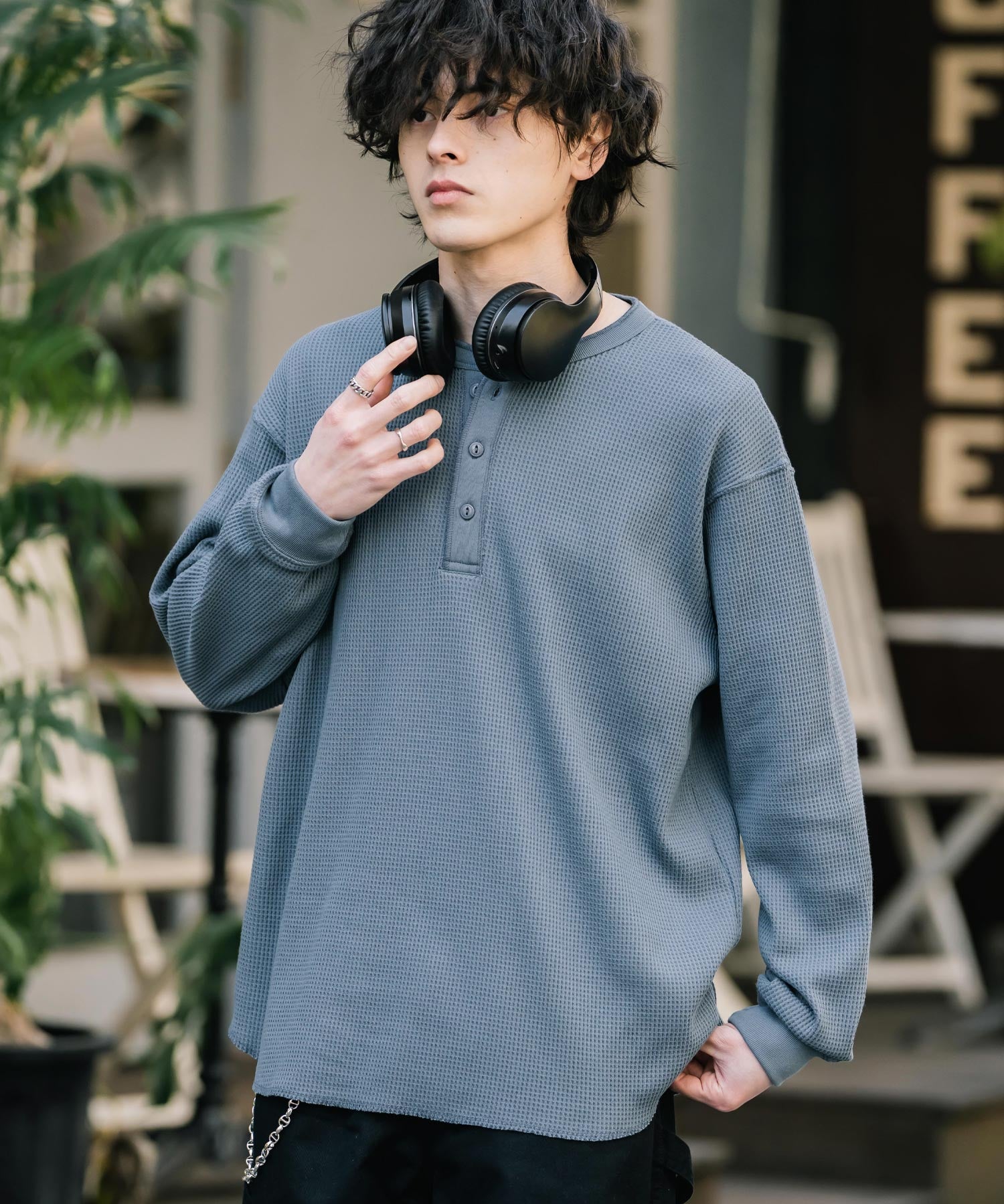 新色追加 オーバーサイズ T/Cワッフルヘンリーネック長袖Tシャツ 14620