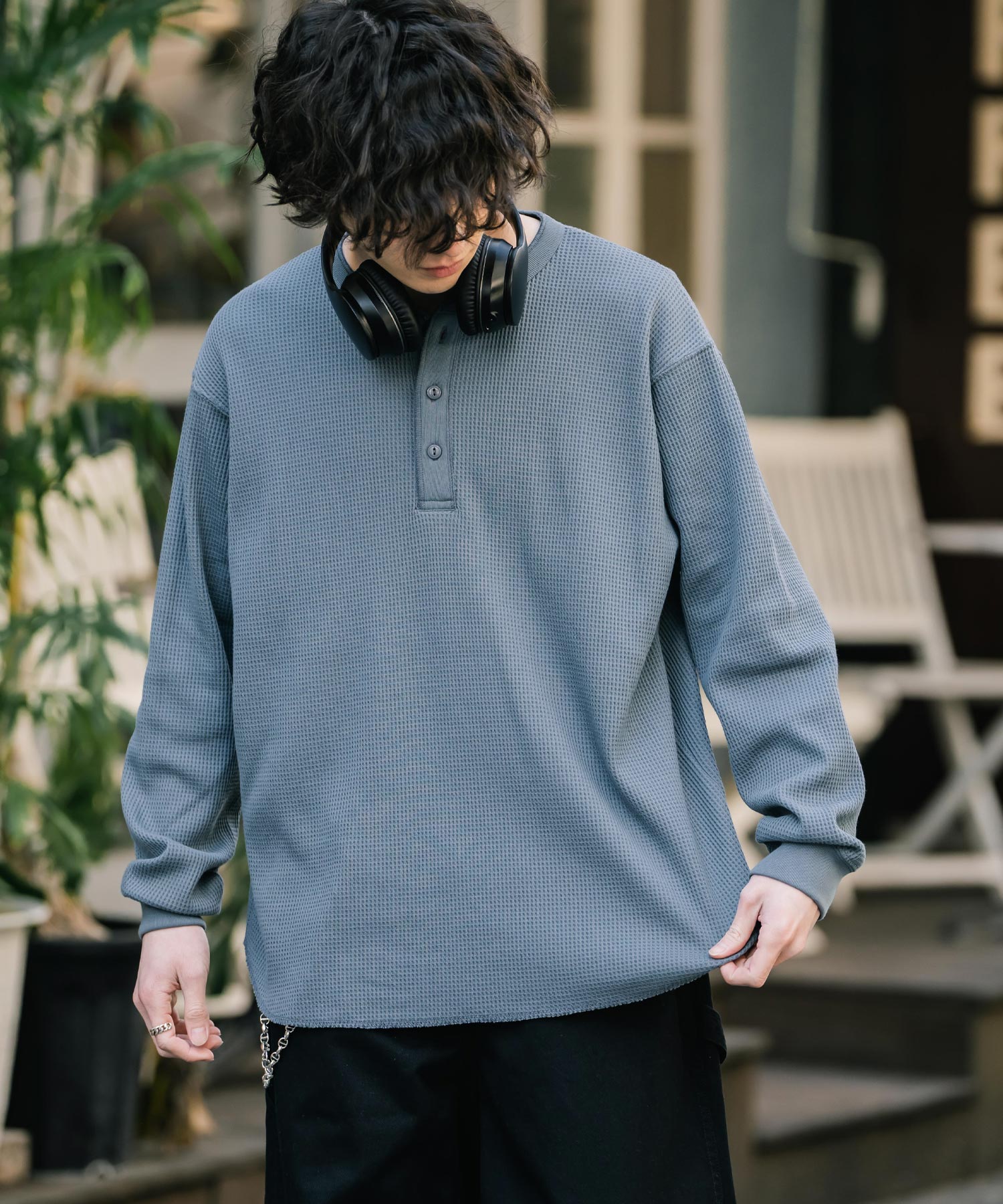 新色追加 オーバーサイズ T/Cワッフルヘンリーネック長袖Tシャツ 14620