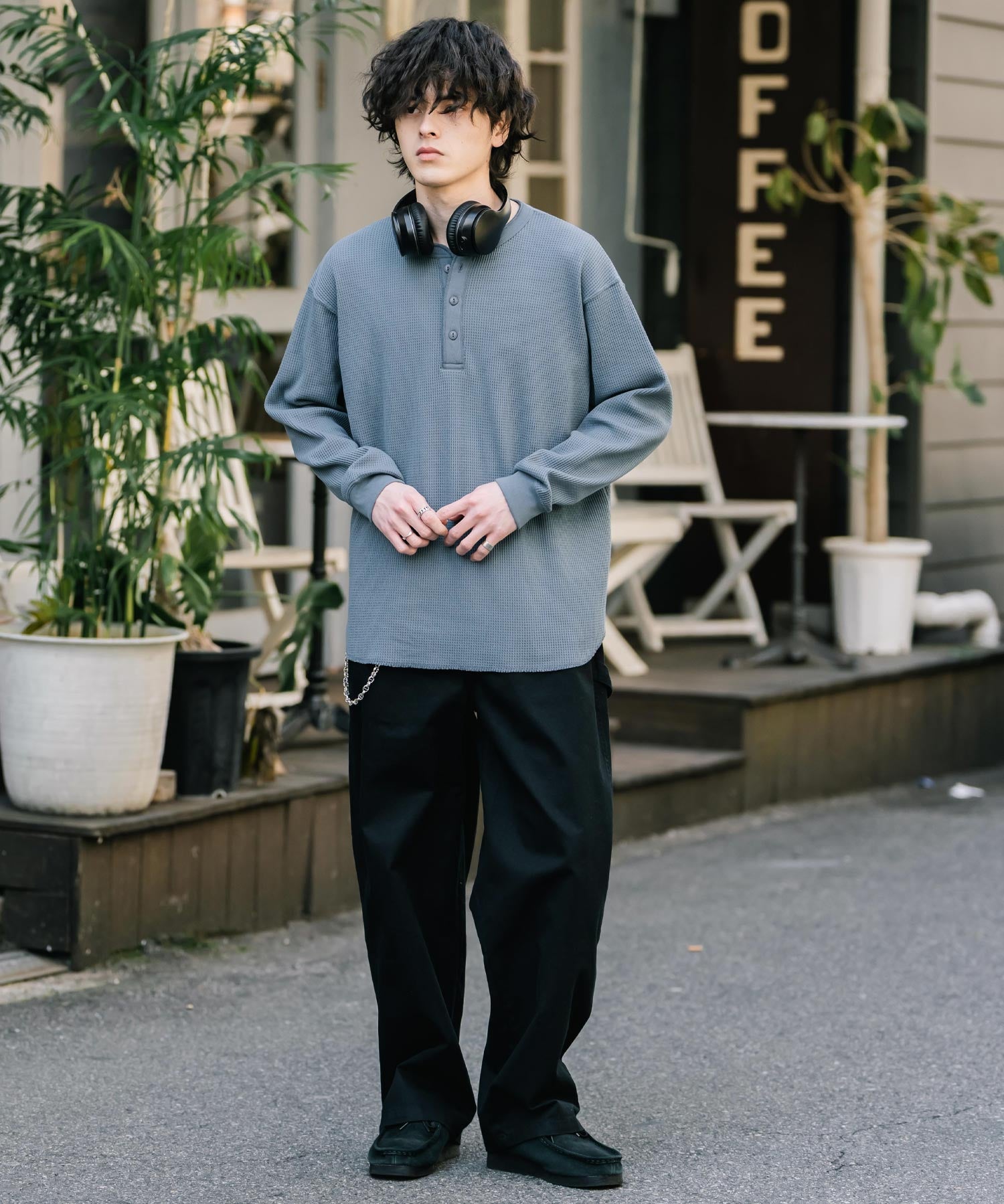新色追加 オーバーサイズ T/Cワッフルヘンリーネック長袖Tシャツ 14620