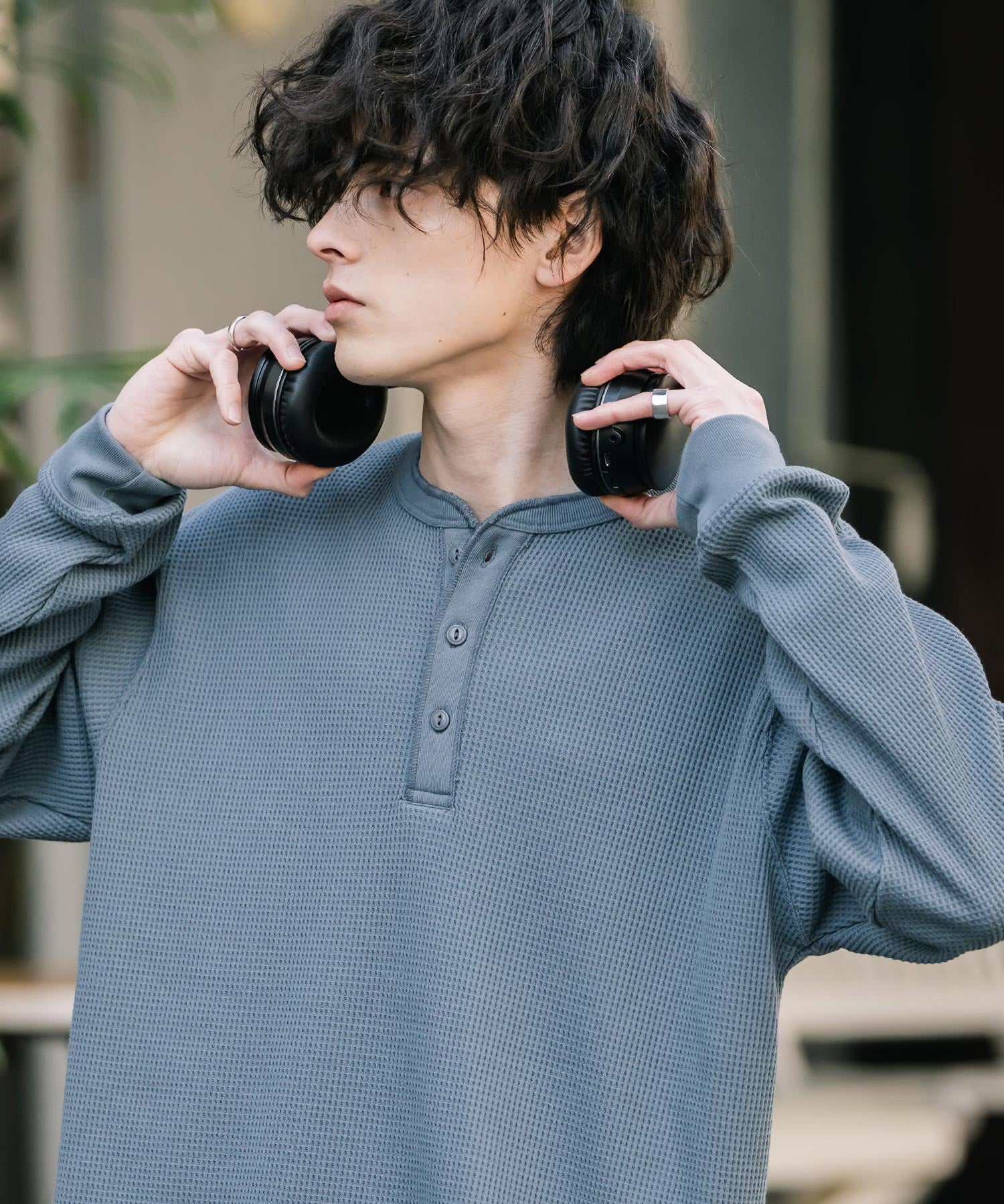 新色追加 オーバーサイズ T/Cワッフルヘンリーネック長袖Tシャツ 14620