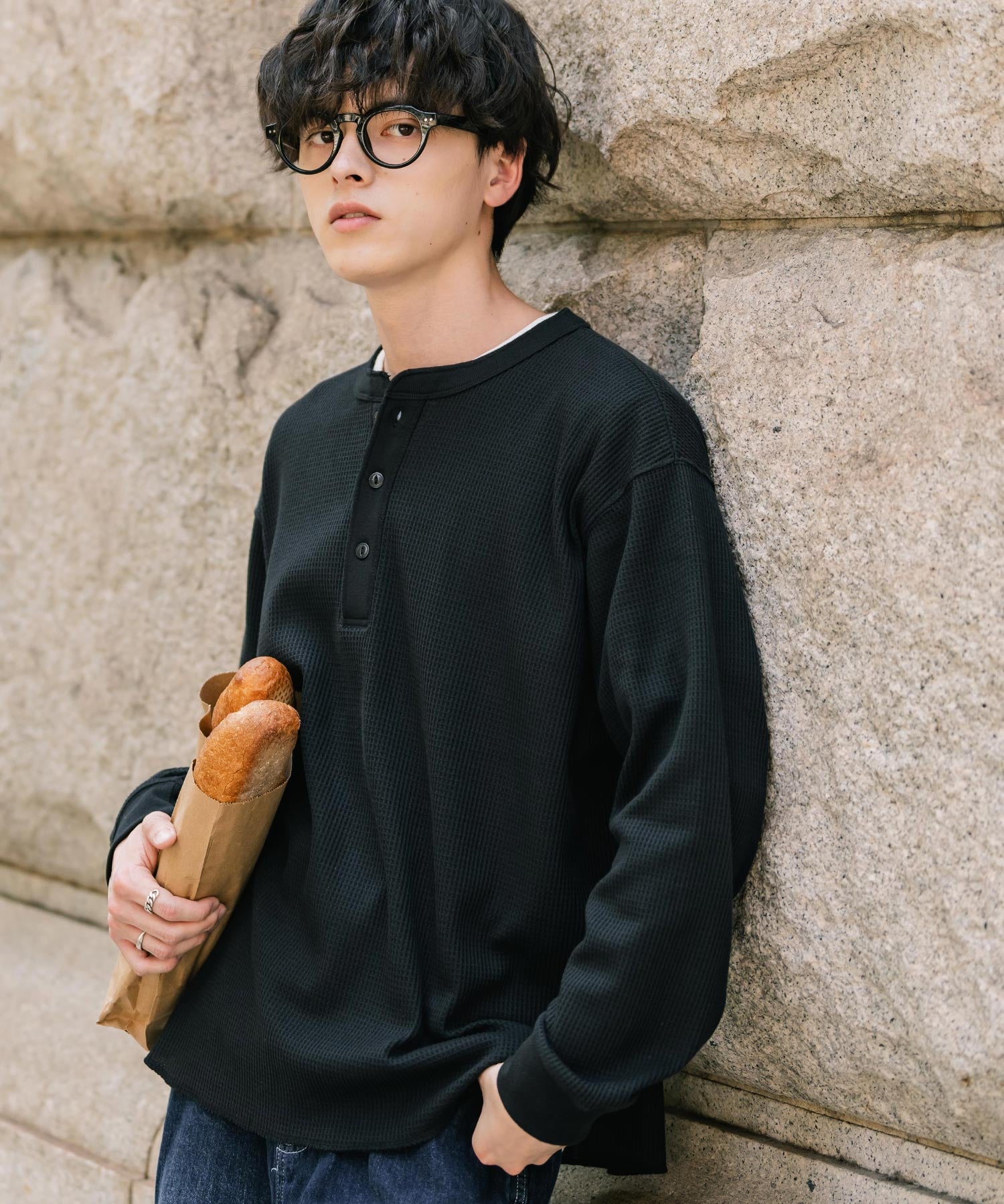 オーバーサイズ T/Cワッフルヘンリーネック長袖Tシャツ 14620