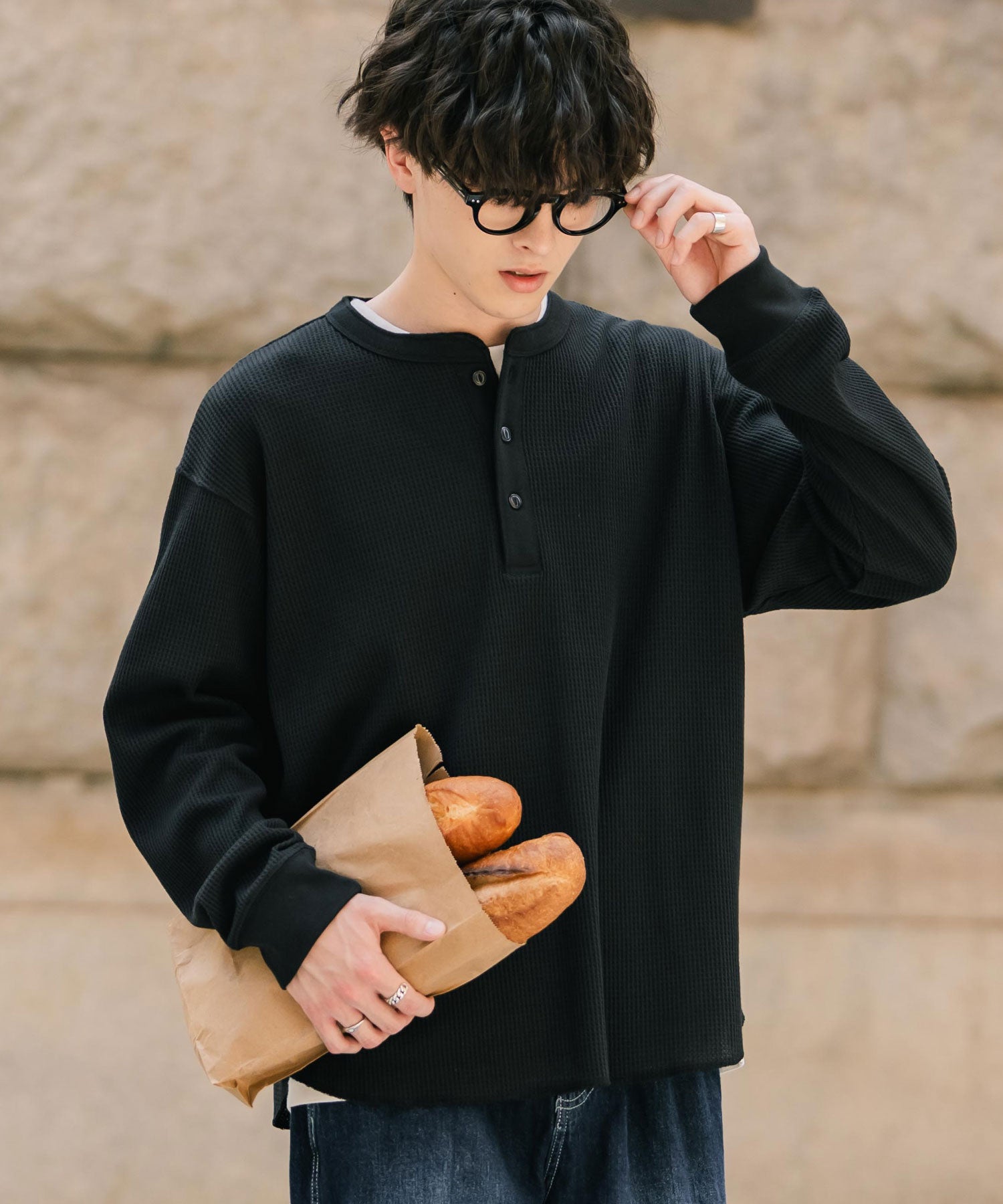 新色追加 オーバーサイズ T/Cワッフルヘンリーネック長袖Tシャツ 14620