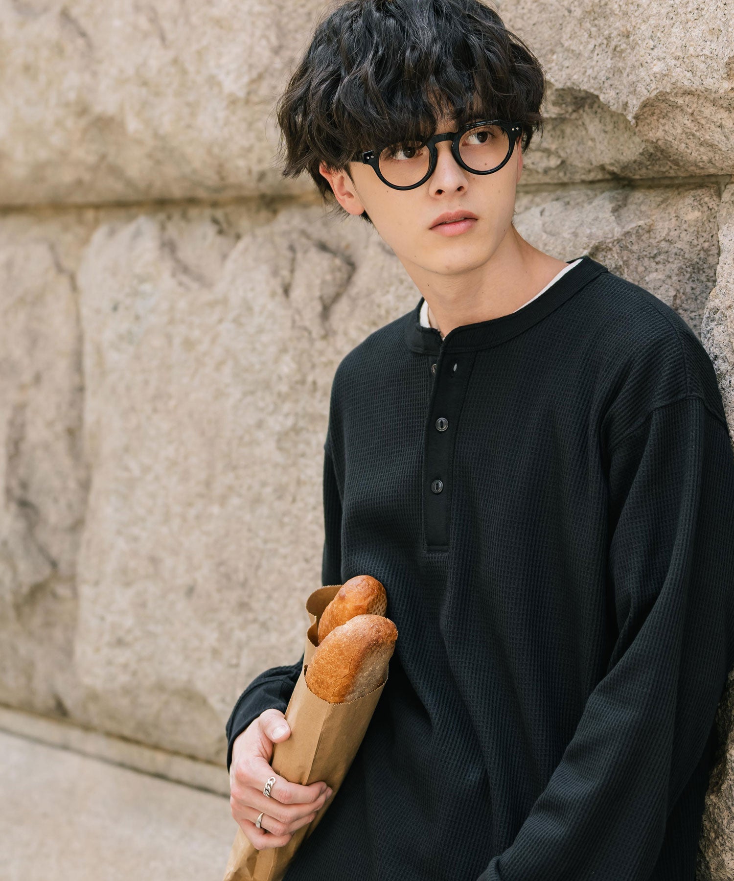 新色追加 オーバーサイズ T/Cワッフルヘンリーネック長袖Tシャツ 14620