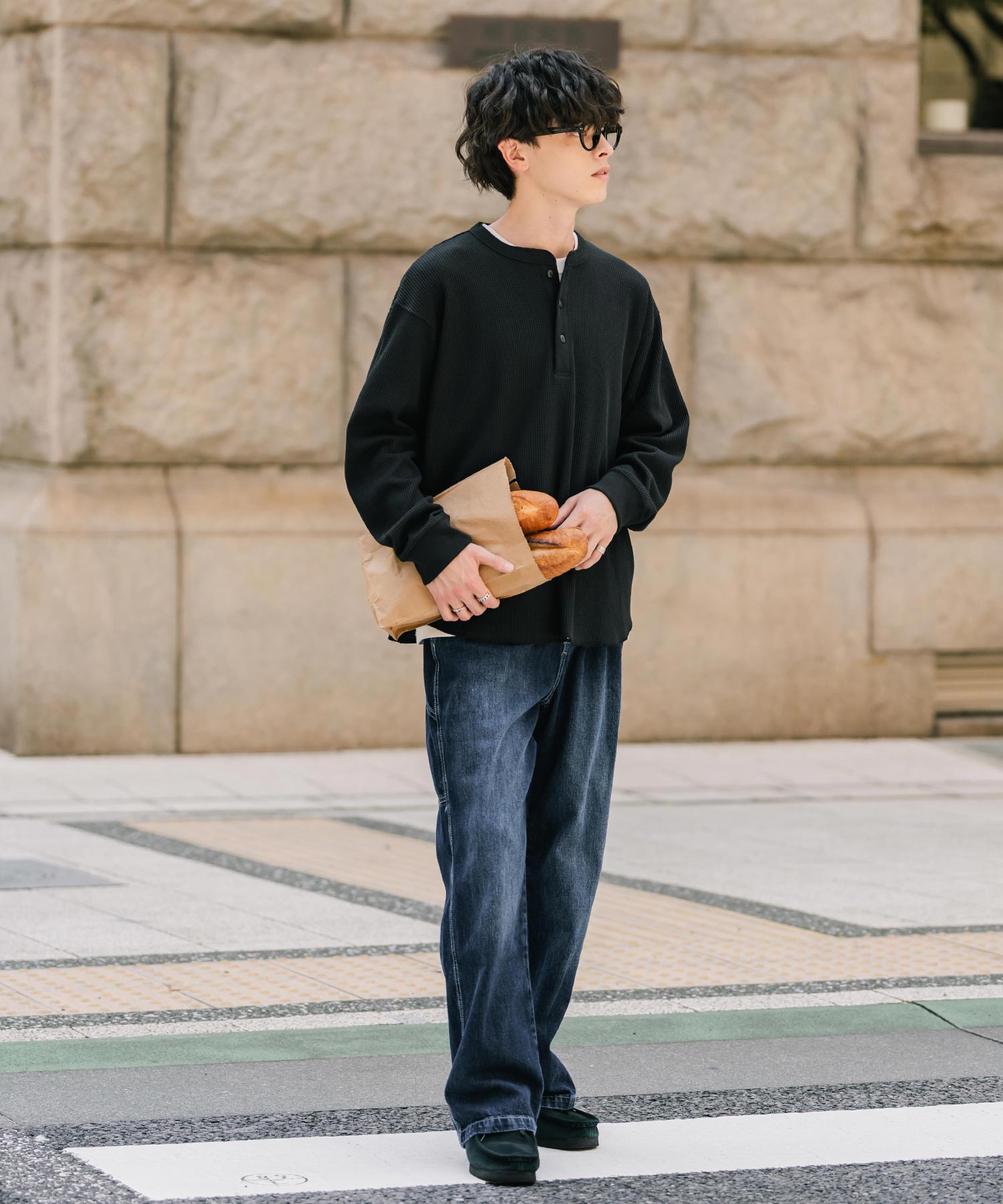 新色追加 オーバーサイズ T/Cワッフルヘンリーネック長袖Tシャツ 14620