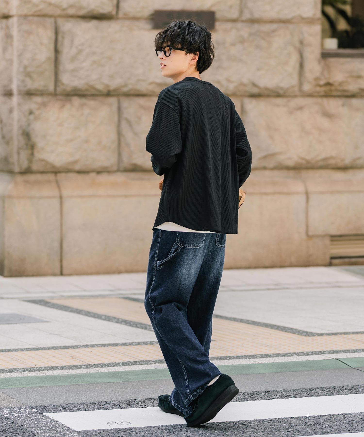 オーバーサイズ T/Cワッフルヘンリーネック長袖Tシャツ 14620