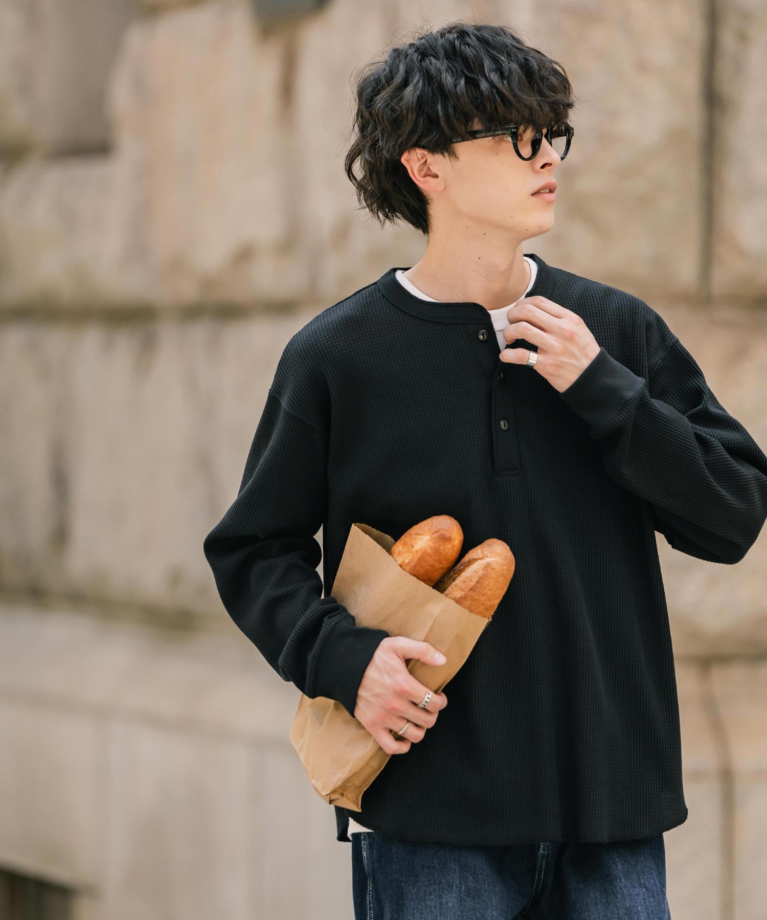 オーバーサイズ T/Cワッフルヘンリーネック長袖Tシャツ 14620