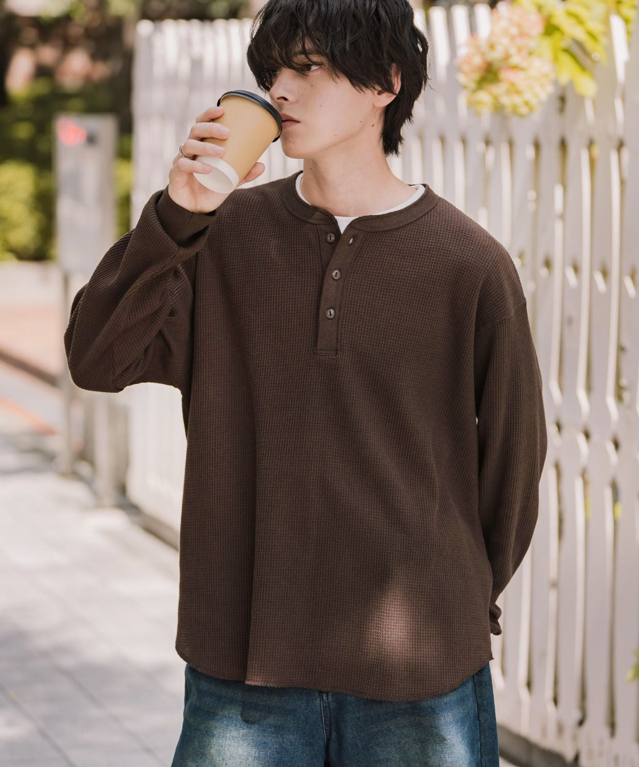 新色追加 オーバーサイズ T/Cワッフルヘンリーネック長袖Tシャツ 14620