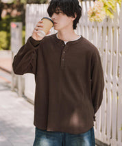 新色追加 オーバーサイズ T/Cワッフルヘンリーネック長袖Tシャツ 14620