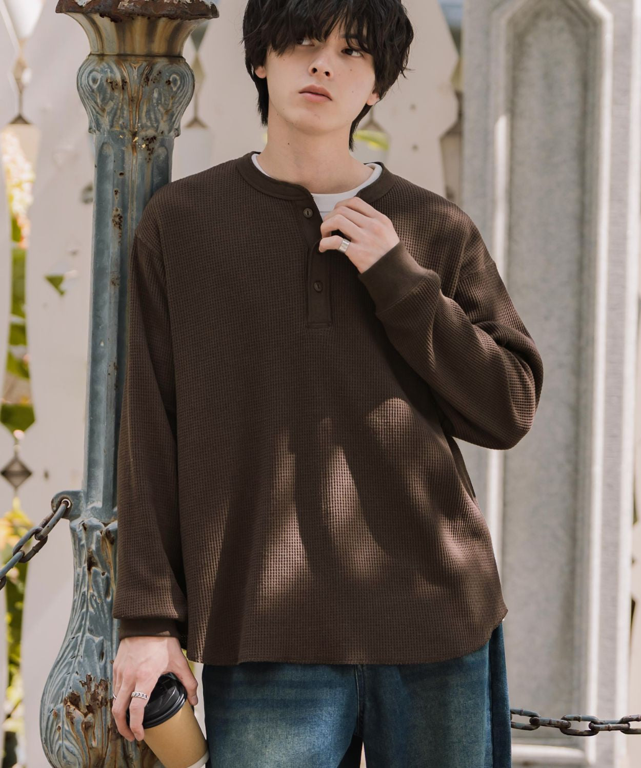 新色追加 オーバーサイズ T/Cワッフルヘンリーネック長袖Tシャツ 14620