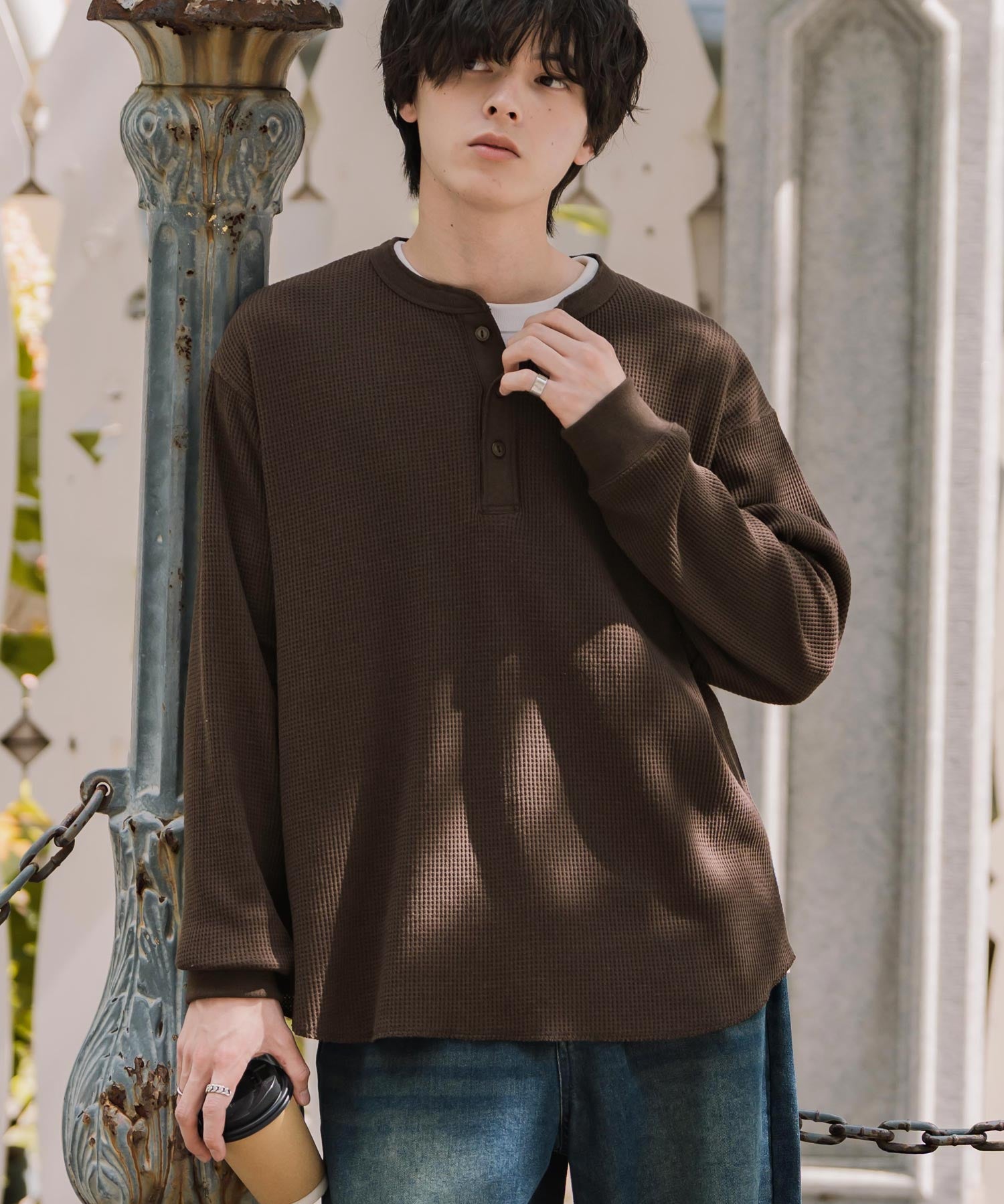 新色追加 オーバーサイズ T/Cワッフルヘンリーネック長袖Tシャツ 14620