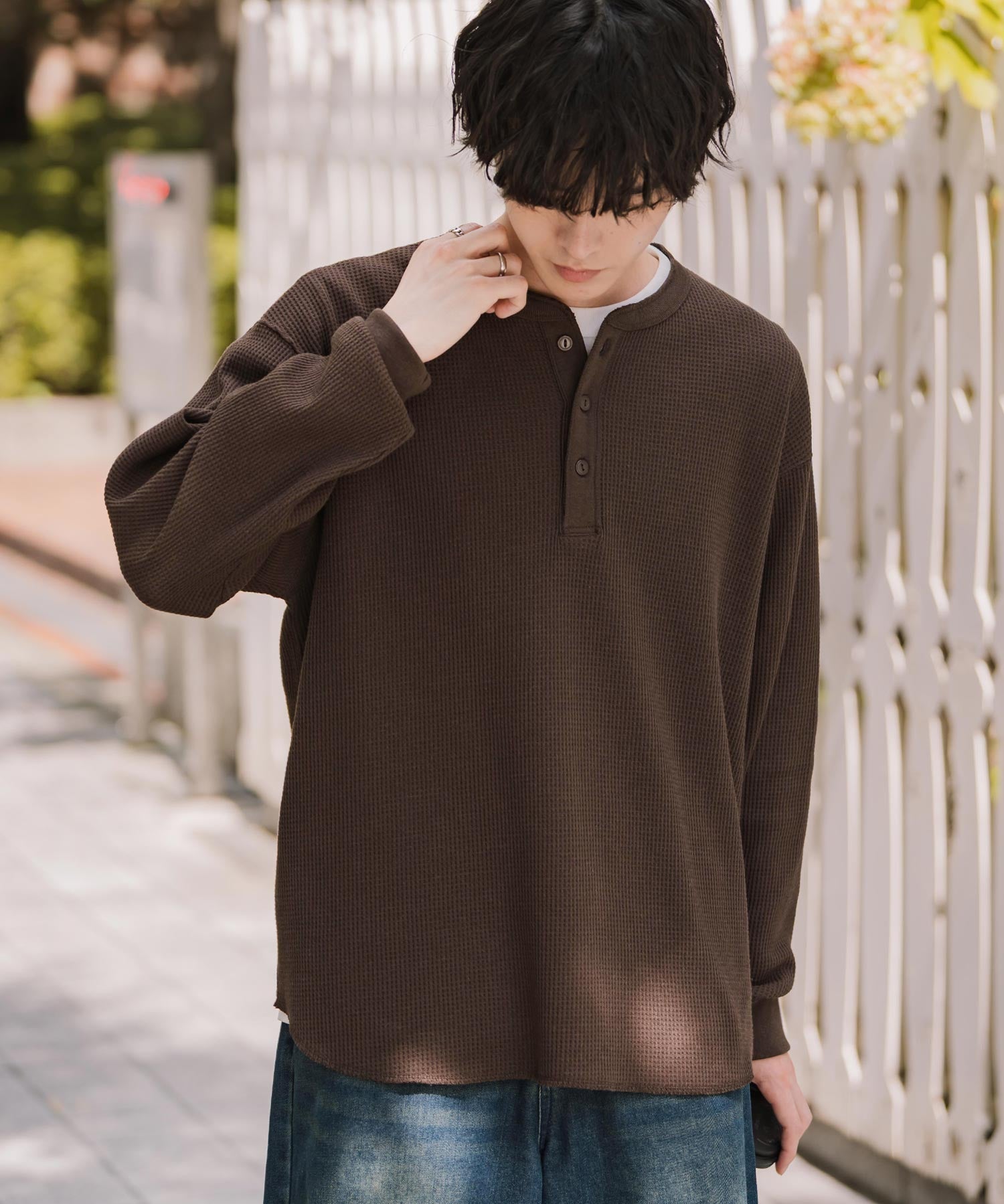 新色追加 オーバーサイズ T/Cワッフルヘンリーネック長袖Tシャツ 14620