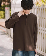 新色追加 オーバーサイズ T/Cワッフルヘンリーネック長袖Tシャツ 14620
