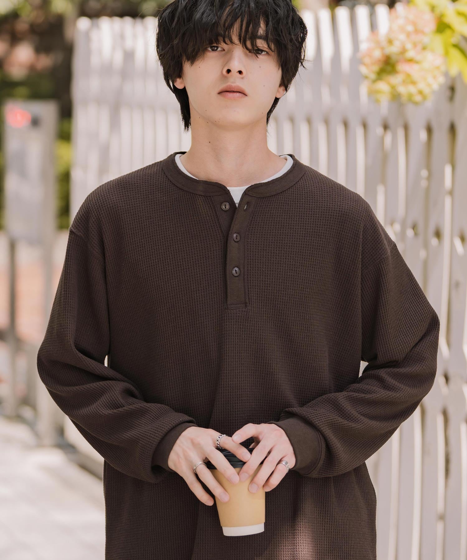新色追加 オーバーサイズ T/Cワッフルヘンリーネック長袖Tシャツ 14620