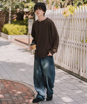 新色追加 オーバーサイズ T/Cワッフルヘンリーネック長袖Tシャツ 14620