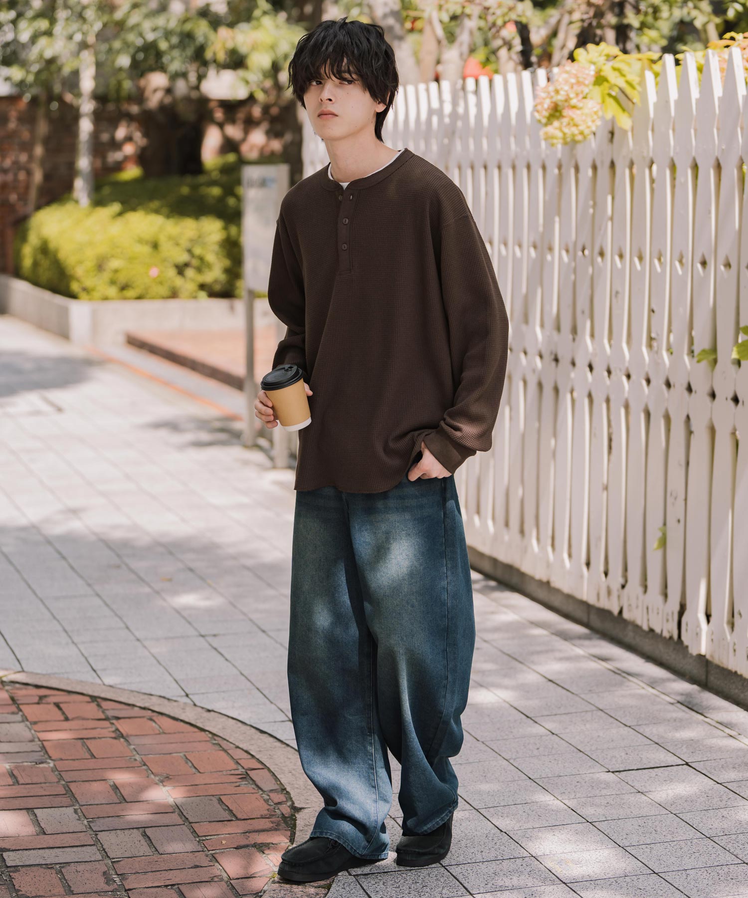 新色追加 オーバーサイズ T/Cワッフルヘンリーネック長袖Tシャツ 14620