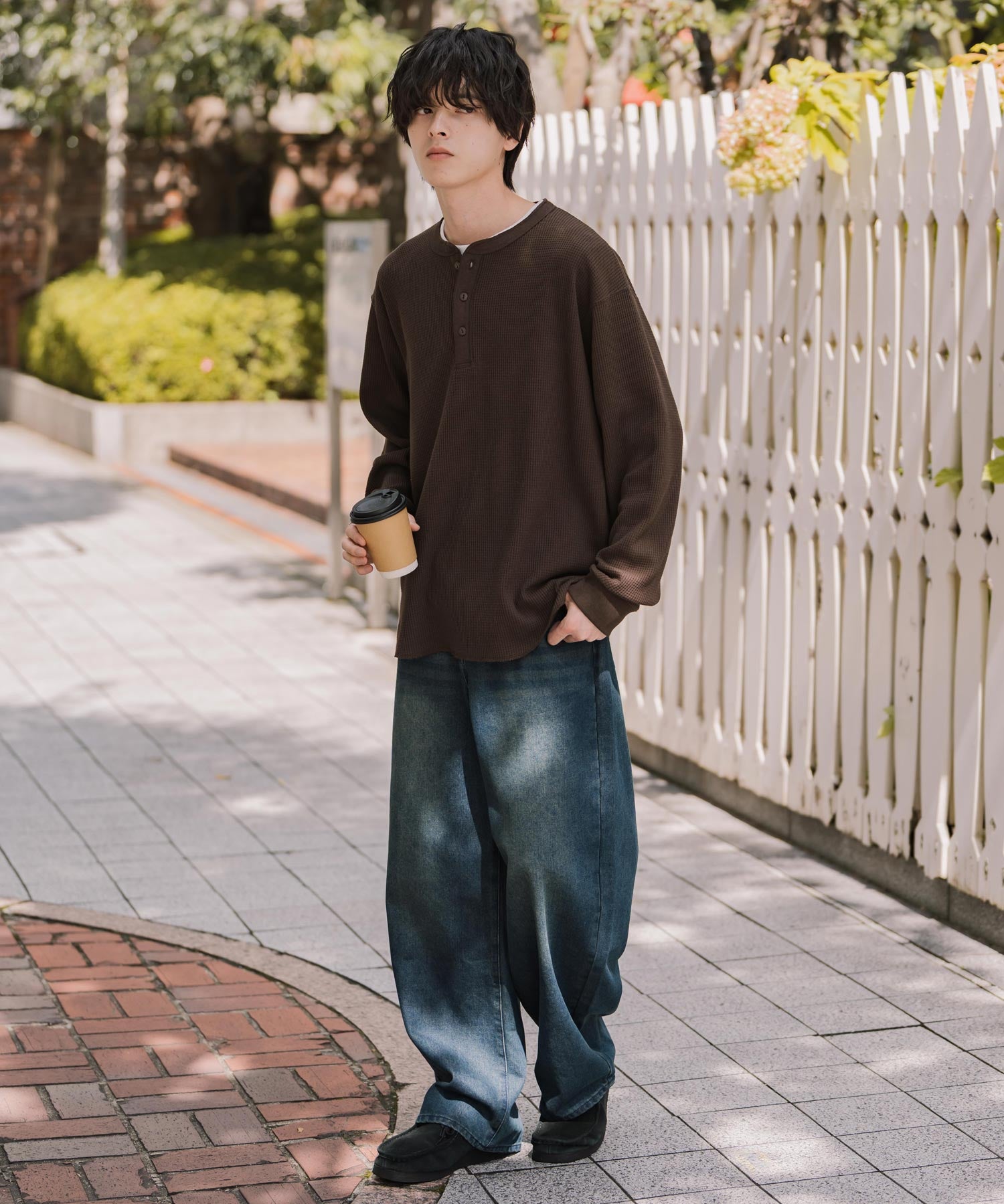 新色追加 オーバーサイズ T/Cワッフルヘンリーネック長袖Tシャツ 14620