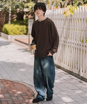 新色追加 オーバーサイズ T/Cワッフルヘンリーネック長袖Tシャツ 14620