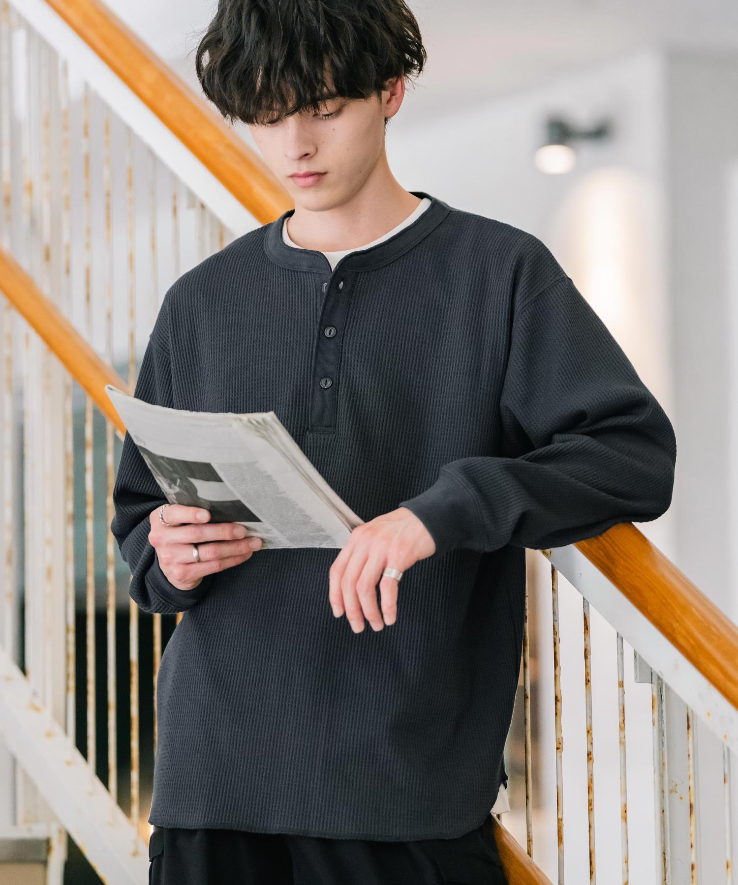 新色追加 オーバーサイズ T/Cワッフルヘンリーネック長袖Tシャツ 14620