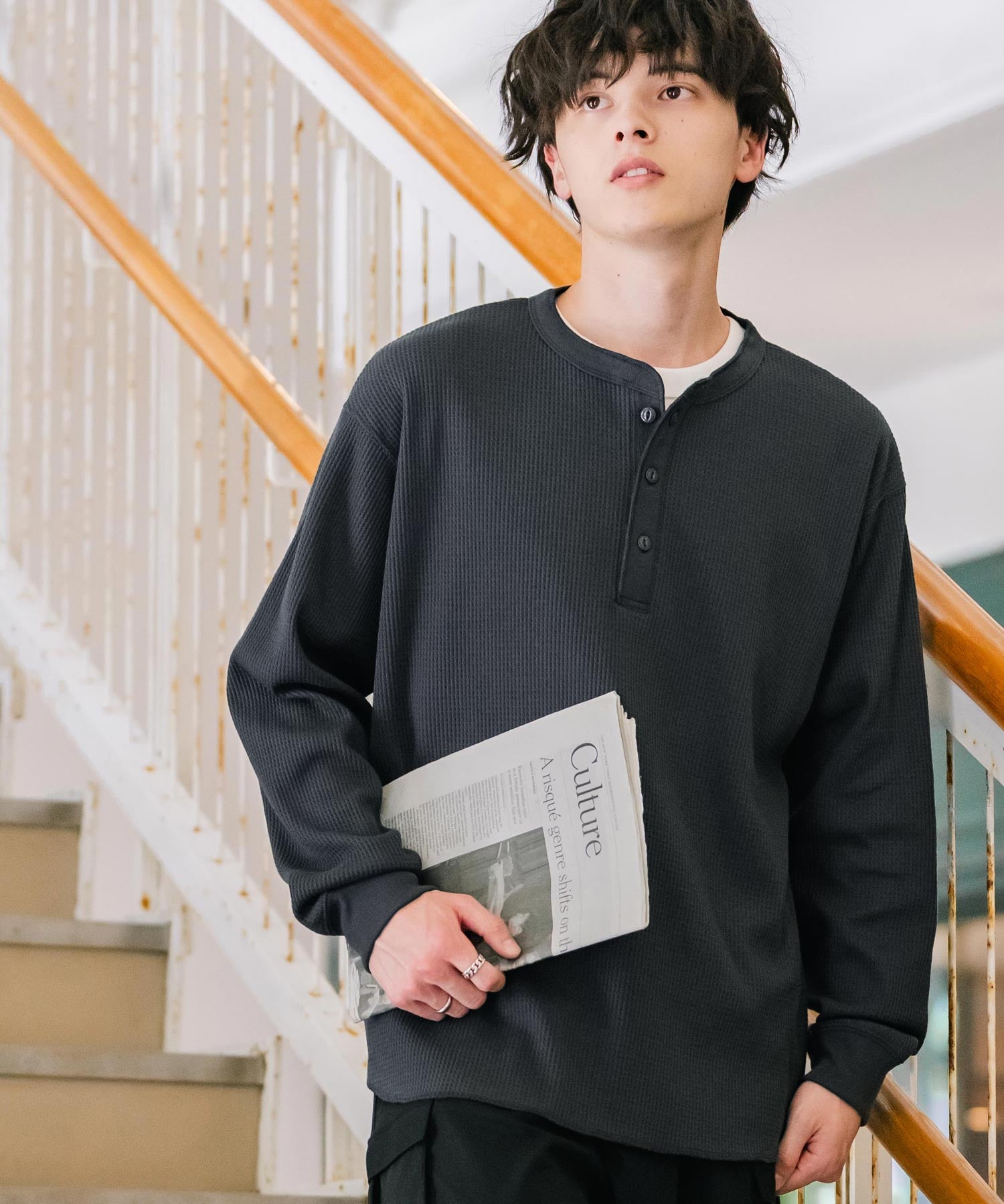 オーバーサイズ T/Cワッフルヘンリーネック長袖Tシャツ 14620