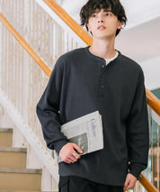 オーバーサイズ T/Cワッフルヘンリーネック長袖Tシャツ 14620
