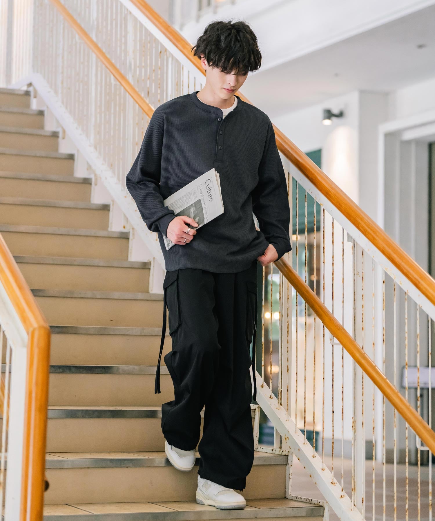 オーバーサイズ T/Cワッフルヘンリーネック長袖Tシャツ 14620