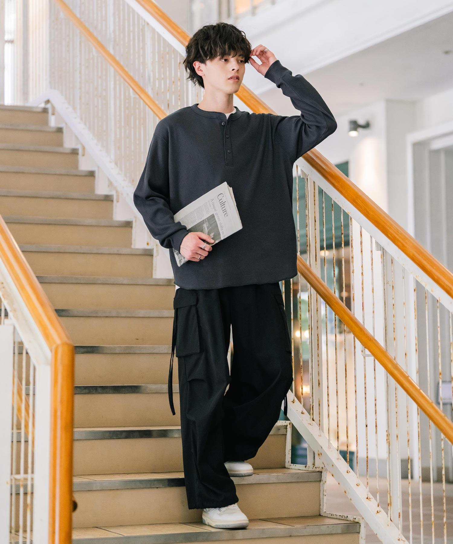 新色追加 オーバーサイズ T/Cワッフルヘンリーネック長袖Tシャツ 14620