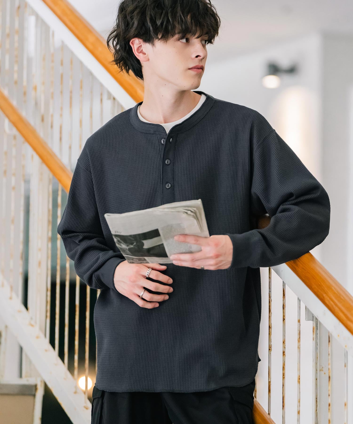 オーバーサイズ T/Cワッフルヘンリーネック長袖Tシャツ 14620