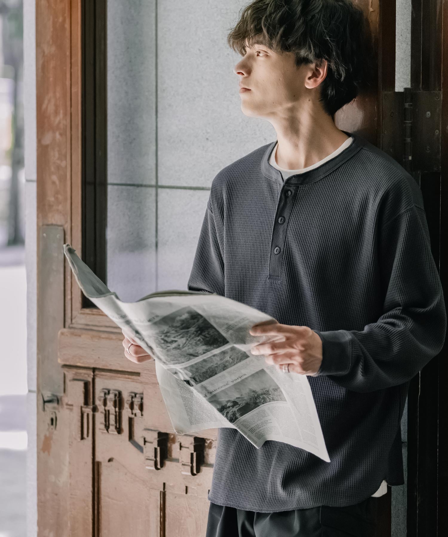 オーバーサイズ T/Cワッフルヘンリーネック長袖Tシャツ 14620
