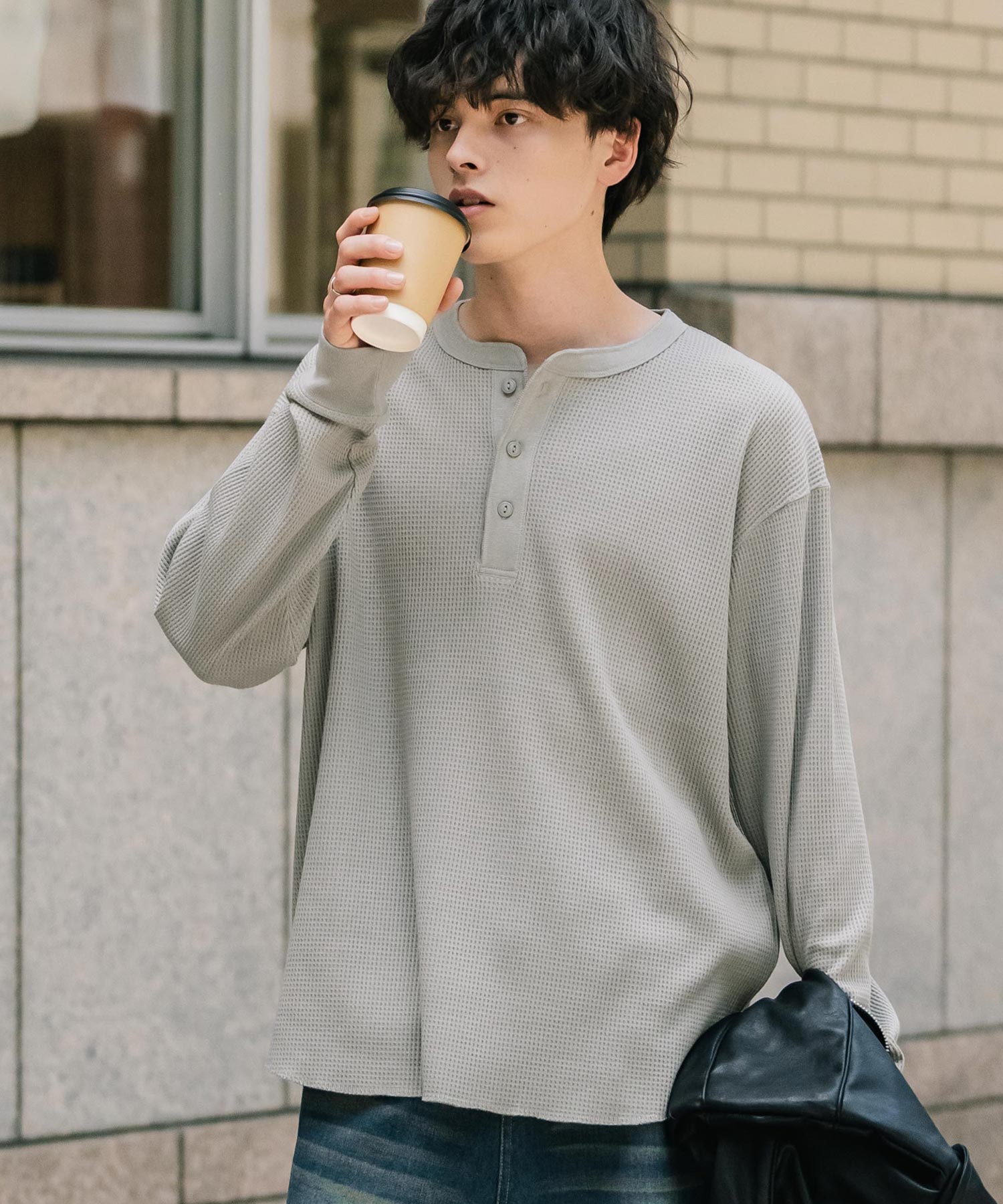 新色追加 オーバーサイズ T/Cワッフルヘンリーネック長袖Tシャツ 14620