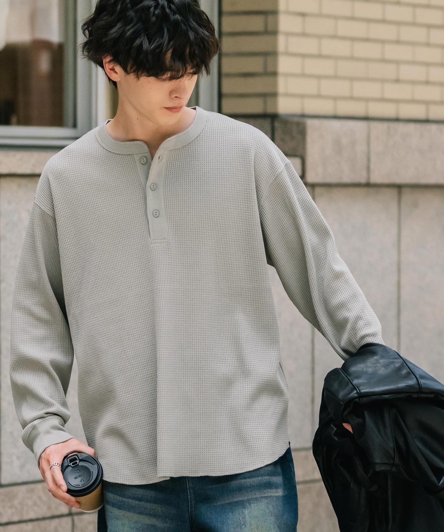 オーバーサイズ T/Cワッフルヘンリーネック長袖Tシャツ 14620
