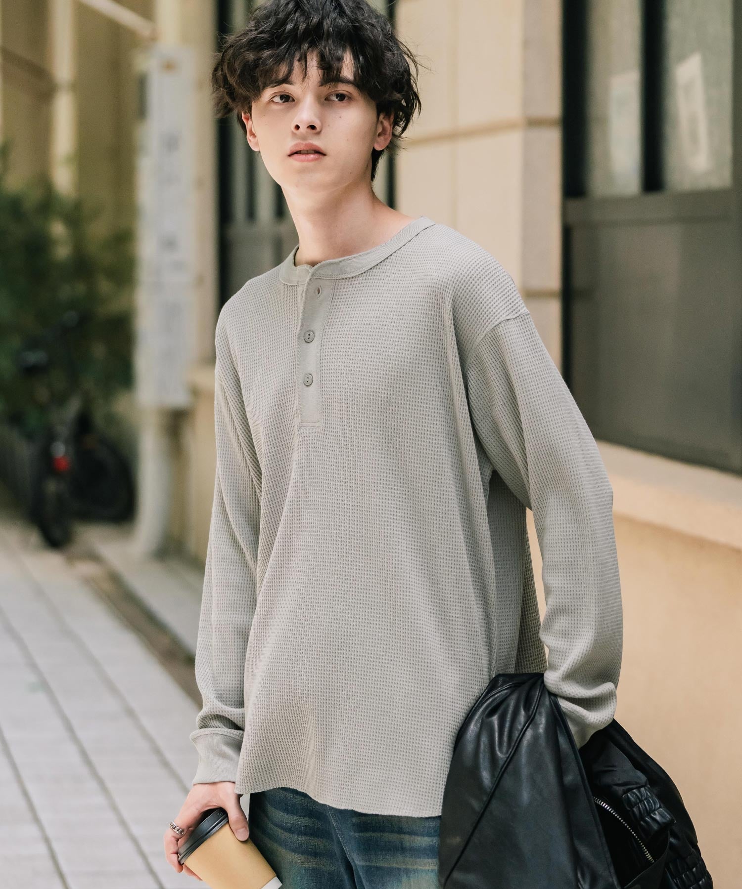 オーバーサイズ T/Cワッフルヘンリーネック長袖Tシャツ 14620