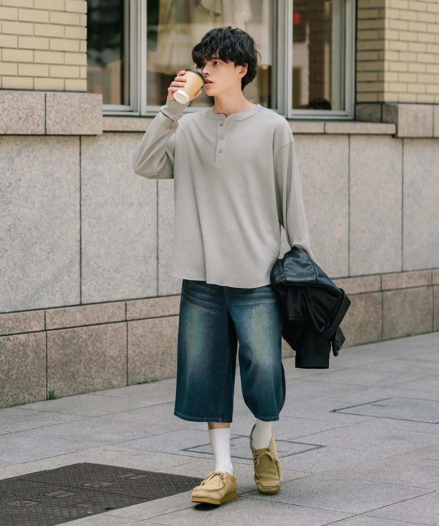 オーバーサイズ T/Cワッフルヘンリーネック長袖Tシャツ 14620