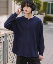 新色追加 オーバーサイズ T/Cワッフルヘンリーネック長袖Tシャツ 14620