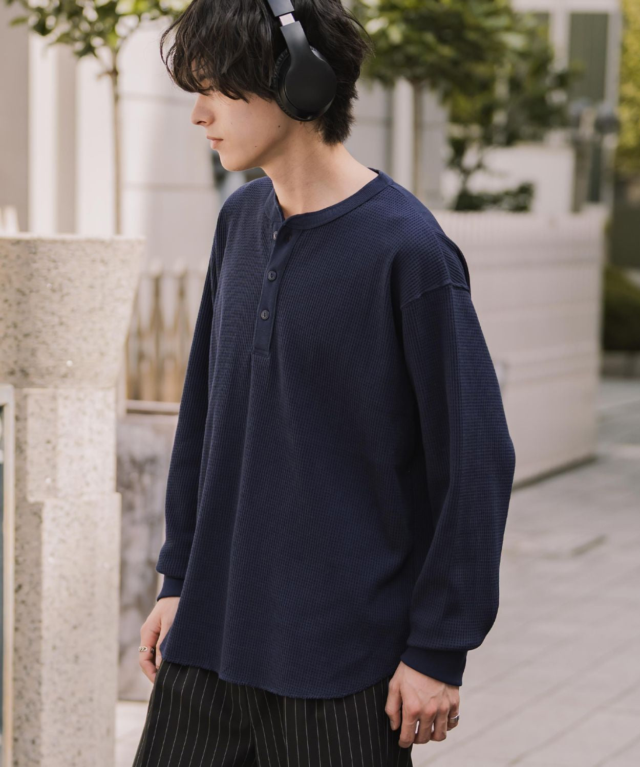 新色追加 オーバーサイズ T/Cワッフルヘンリーネック長袖Tシャツ 14620