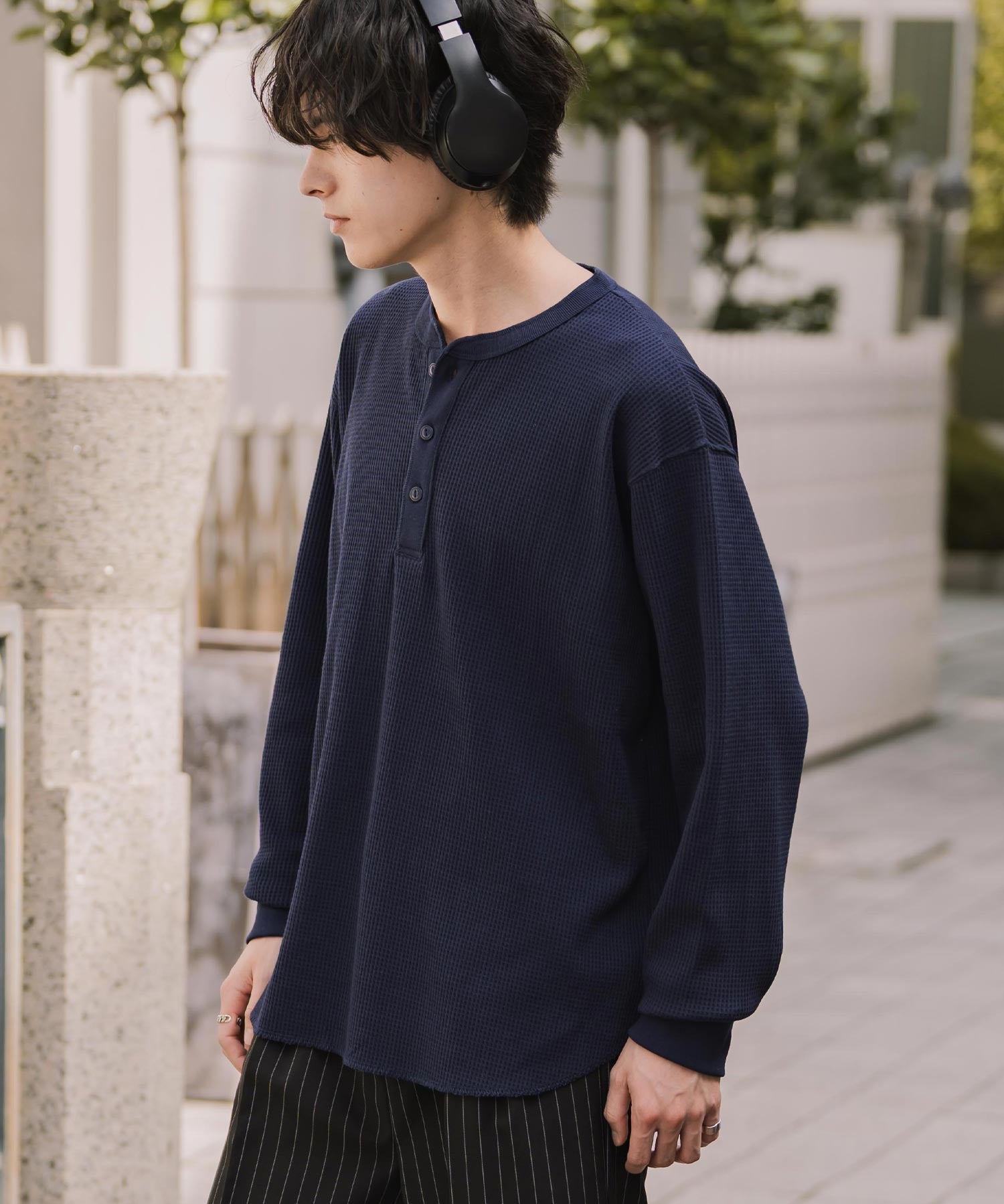 新色追加 オーバーサイズ T/Cワッフルヘンリーネック長袖Tシャツ 14620