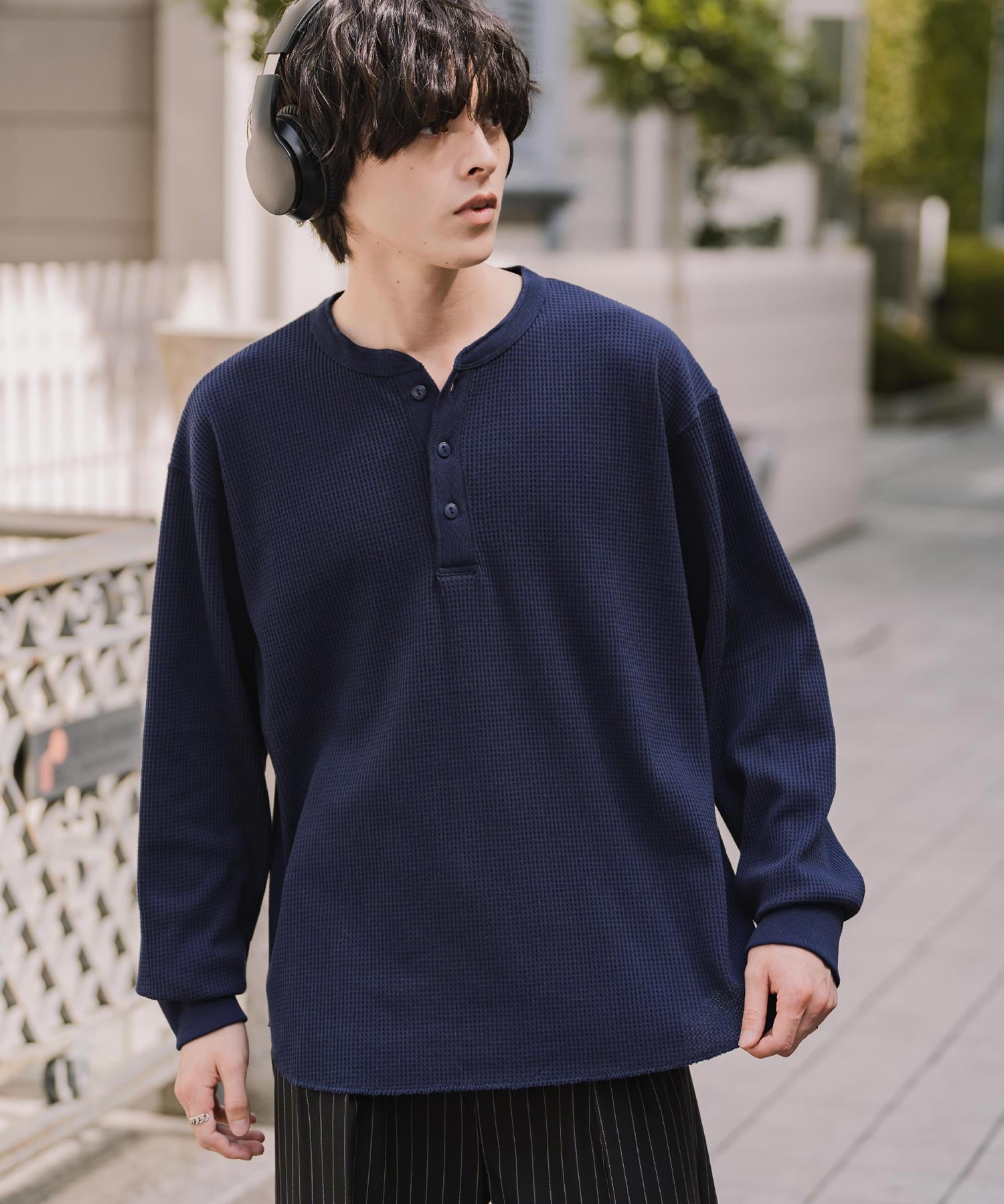 新色追加 オーバーサイズ T/Cワッフルヘンリーネック長袖Tシャツ 14620