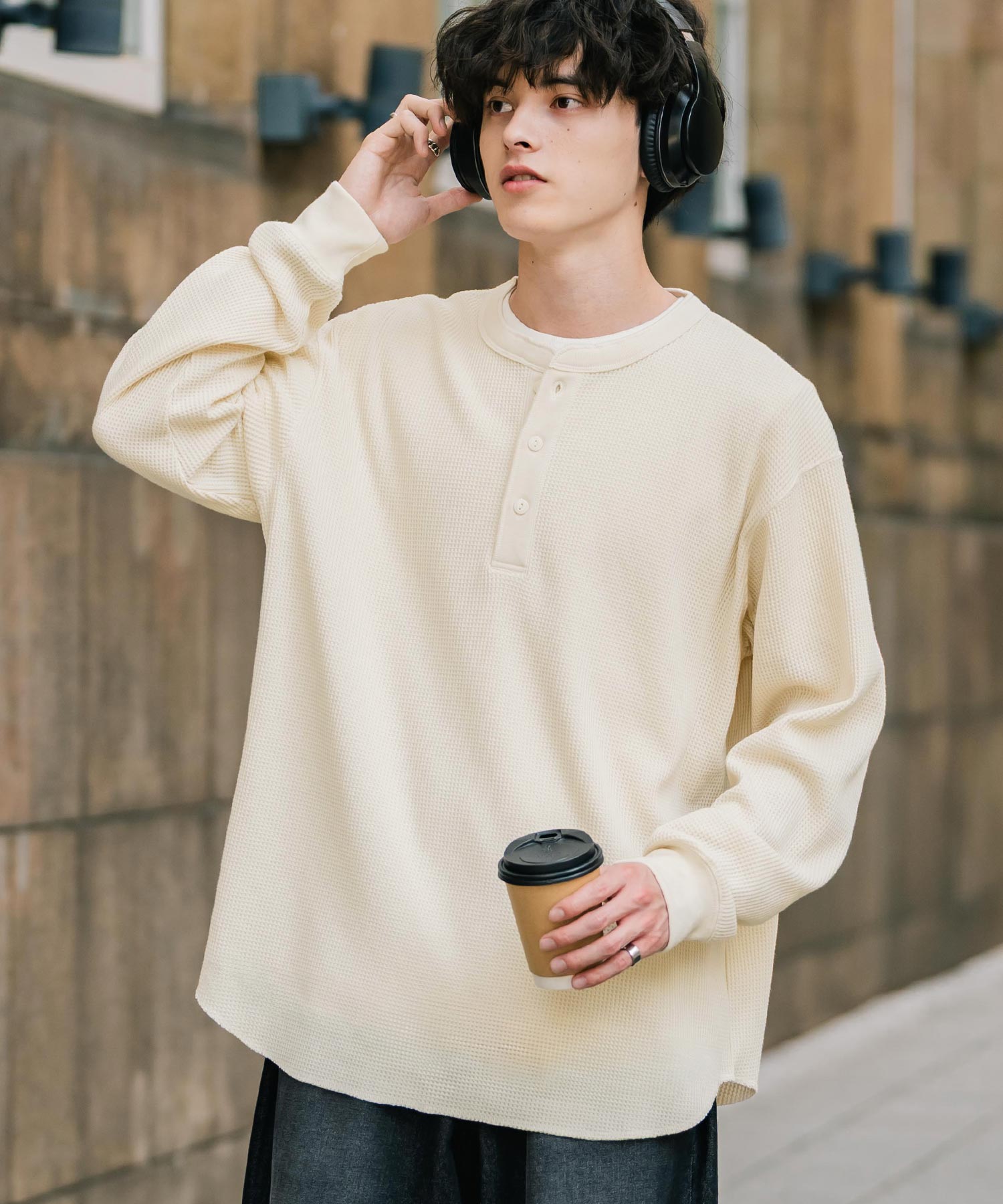 新色追加 オーバーサイズ T/Cワッフルヘンリーネック長袖Tシャツ 14620